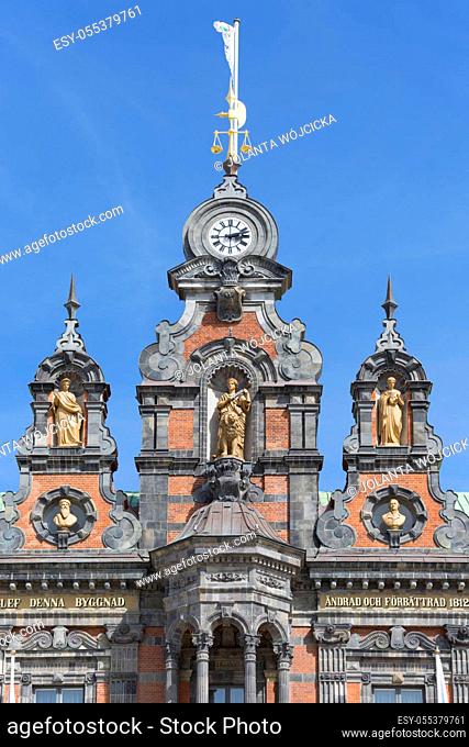 Malmo, Sweden - June 24, 2019: Facade of historic Town Hall, Stortorget, Great Square