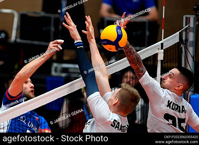 L-R Adam Zajicek (Czech), Alex Saaremaa and Valentin Kordas (both Estonia) in action during the CEV Volleyball European Golden League 2023, Men, Round 3