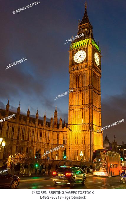 Big Ben and British Parliament at night seen from Westminster Bridge, London