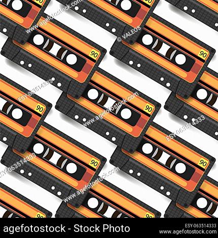 Vintage video tape or music cassette icon flat illustration. Seamless Pattern