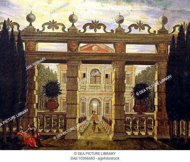 Garden and villa, scene for the first act of La Deidamia by Francesco Cavalli (1602-1676), painted by Giacomo Torelli (1604 or 1608-1678)