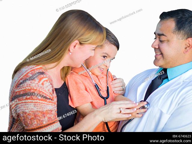Happy mixed-race boy, mother and hispanic doctor having fun with stethoscope on white