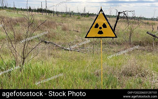 An international ionizing radiation trefoil symbol is pictured at the Red Forest in the Chornobyl Exclusion Zone after the withdrawal of Russian troops near the...