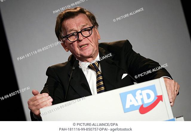 16 November 2018, Saxony-Anhalt, Magdeburg: Franz Ring speaks at the European Election Meeting of the Alternative for Germany (AfD)