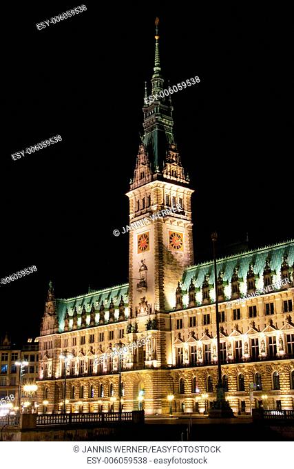 Rathaus (city hall) of the Northern German city-state of Hamburg by night
