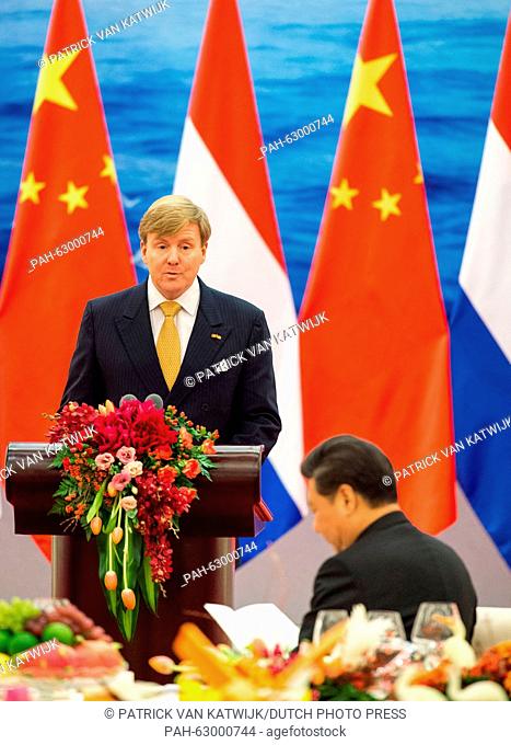 King Willem-Alexander and Queen Maxima of The Netherlands attend the state banquet hosted by President Xi Jinging and his wife Peng Liyuan at the Golden Hall in...