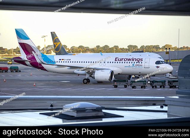 06 October 2022, North Rhine-Westphalia, Duesseldorf: A Eurowings aircraft is grounded at Düsseldorf airport. Eurowings pilots go on all-day strike
