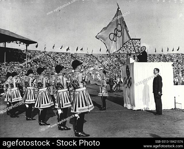 Closing Of The Games Of The XIV Olympiad : Standing on the Tribune of Honour (nearest camera) Sir Frederick wells, Lord Mayor of London