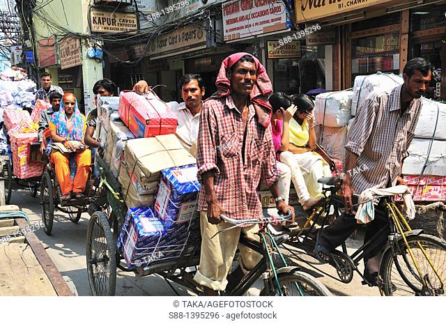 Rikisya man in the busy street in Paharganj New Delhi