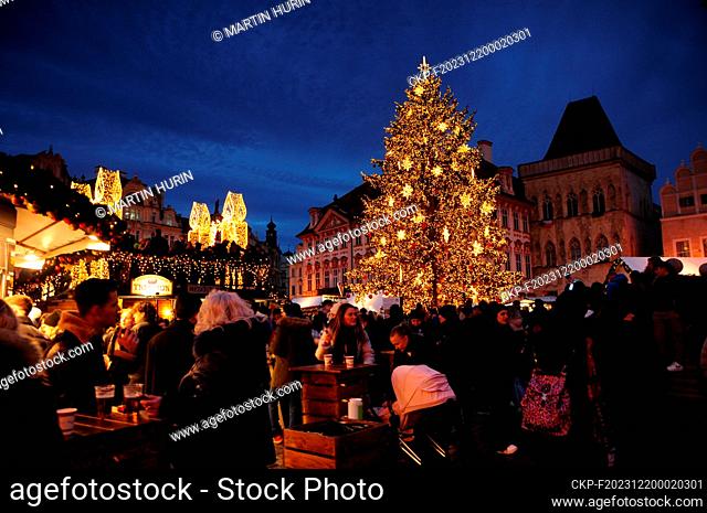 Christmas market on Old Town Square in Prague by Christmas tree lighting, December 19, 2023, Czech Republic. (CTK Photo/Martin Hurin)