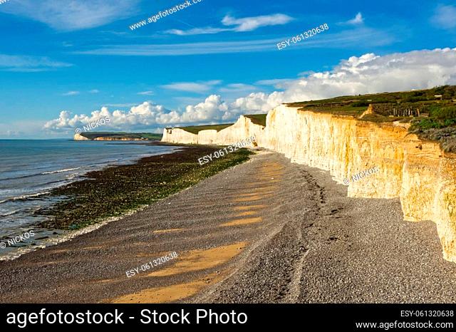 White chalk cliffs known as The Seven Sisters at Birling Gap near Eastbourne in East Sussex, England