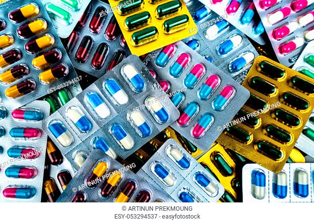 Pile of antibiotic capsule pills in blister packs. Medicine for infection disease. Antibiotic drug use with reasonable. Drug resistance, healthcare concept