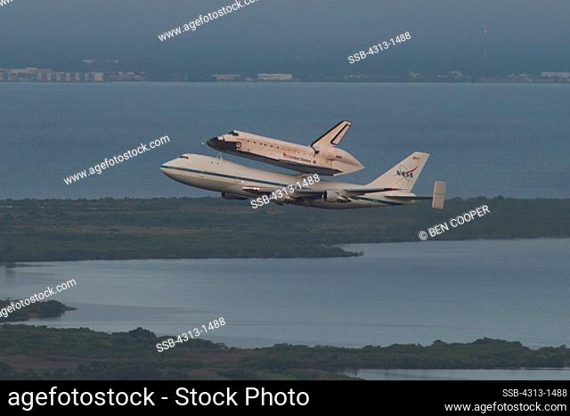 USA, Florida, Cape canaveral, Kennedy Space Center, Front View of Endeavour space shuttle on top of 747 shuttle carrier aircraft