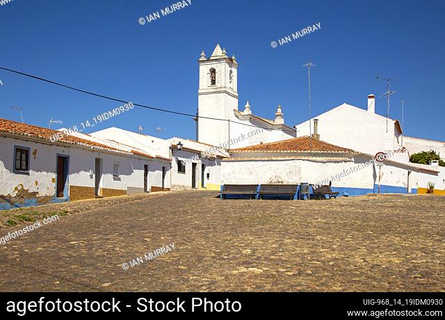Small traditional rural settlement village with low rise one story houses and cobbled streets, Entradas, near Castro Verde, Baixo Alentejo, Portugal
