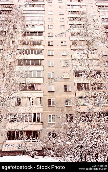 Abstrtact View of Old Facade of Soviet Building in Yekaterinburg, Russia, Background with Windows and Balconies, Residential Buildings Urban Decay