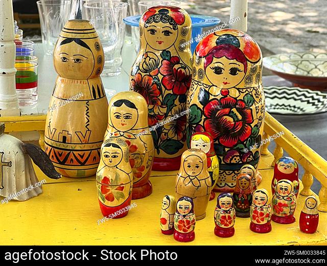 Russian wooden dolls on a flea market in Ystad, Sweden