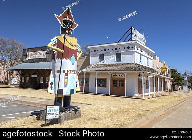Elk City, Oklahoma - A kachina doll outside the National Route 66 Museum Complex. This collection of museums tells the story of Oklahoma pioneer history