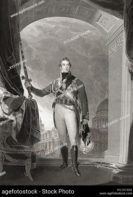 The Duke of Wellington holding the Great Sword of State. After a painting by Thomas Lawrence. Arthur Wellesley, 1st Duke of Wellington, 1769 - 1852
