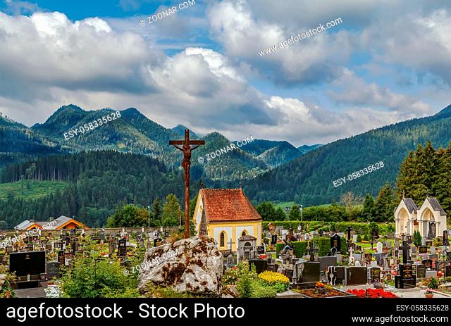 view of cemetery in Mariazell with Alps mountain, Austria