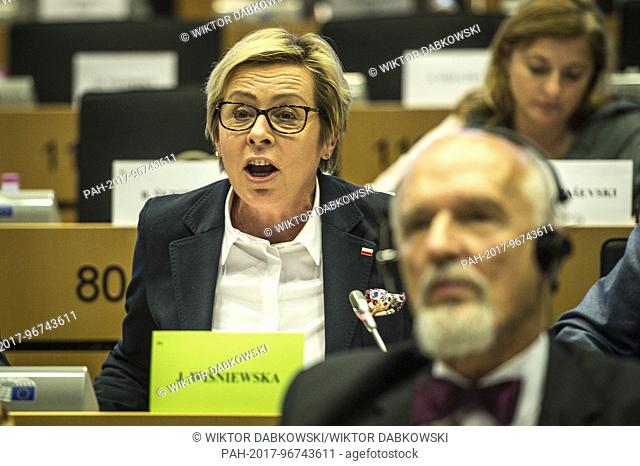 Member of European Parliament (MEP) Jadwiga Wisniewska and Janusz Korwin Mikke during meeting of Committee on Civil Liberties
