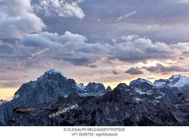 Europe, Italy, Veneto, Belluno. Mount Agner and Pale di San Lucano, Pale di San Martino on the background, Dolomites