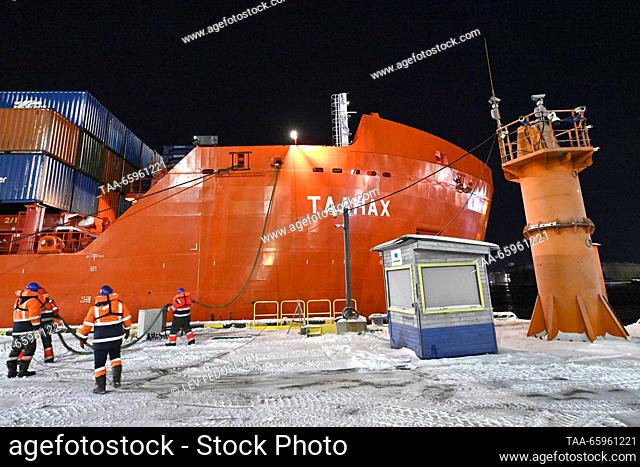 RUSSIA, MURMANSK - DECEMBER 20, 2023: Norilsk Nickel’s diesel-electric ship Talnakh delivers her 13, 000t cargo to the port of Murmansk
