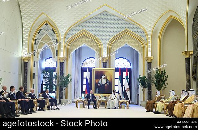 UNITED ARAB EMIRATES, ABU DHABI - DECEMBER 6, 2023: Russia's President Vladimir Putin and UAE President, Abu Dhabi Crown Prince Sheikh Mohammed bin Zayed Al...