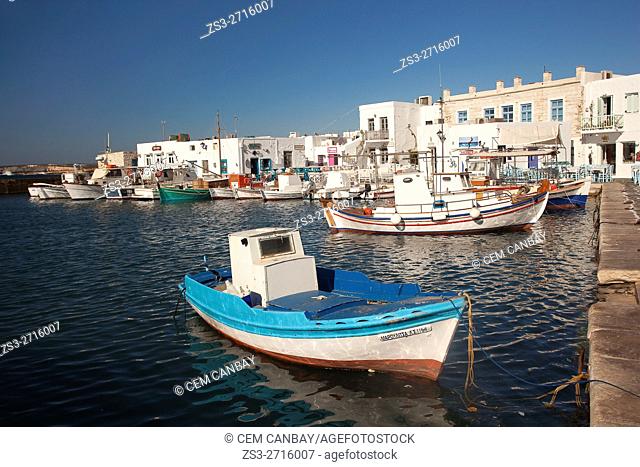 Fishing boats at the harbor, Naoussa, Paros, Cyclades Islands, Greek Islands, Greece, Europe