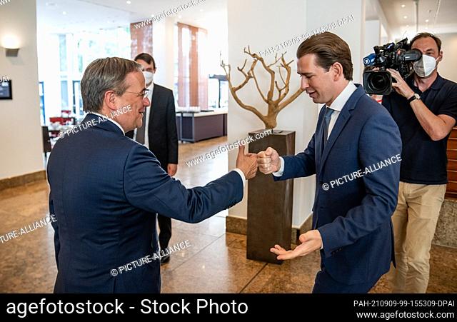 09 September 2021, Berlin: Sebastian Kurz (ÖVP, r), Federal Chancellor of the Republic of Austria, welcomes Armin Laschet, Union candidate for Chancellor