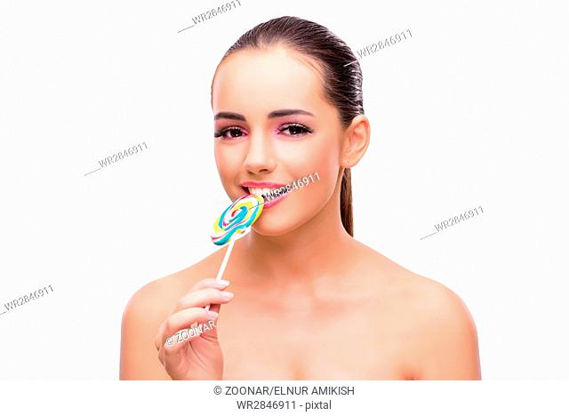 Beautiful woman with lollipop isolated on white
