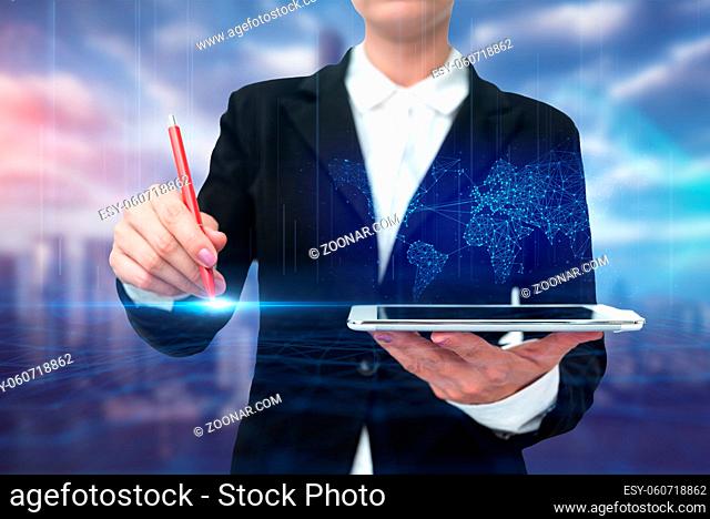 Lady In Uniform Standing Holding Tablet Typing Futuristic Technologies