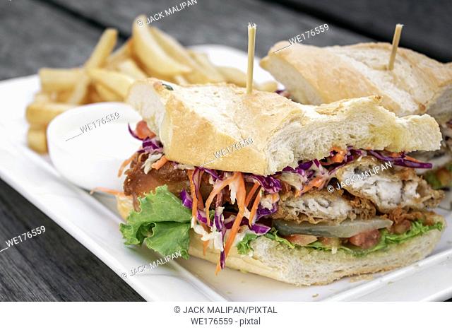 fried battered fresh fish fillet sandwich with coleslaw salad french fries and tartar sauce
