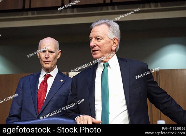 United States Senator Tommy Tuberville (Republican of Alabama) and United States Senator Rick Scott (Republican of Florida) before Senate Armed Services Hearing...