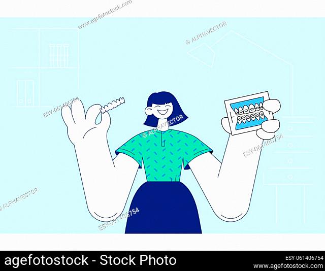 Teeth health and dentistry concept. Young little smiling girl cartoon character standing holding aligner orthodontic and braces showing white healthy teeth and...