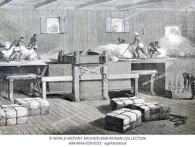 David Wilson's hydraulic press compressing raw cotton into bales before exporting to Britain. India, 1864. Indian cotton made up the shortage in Lancashire...