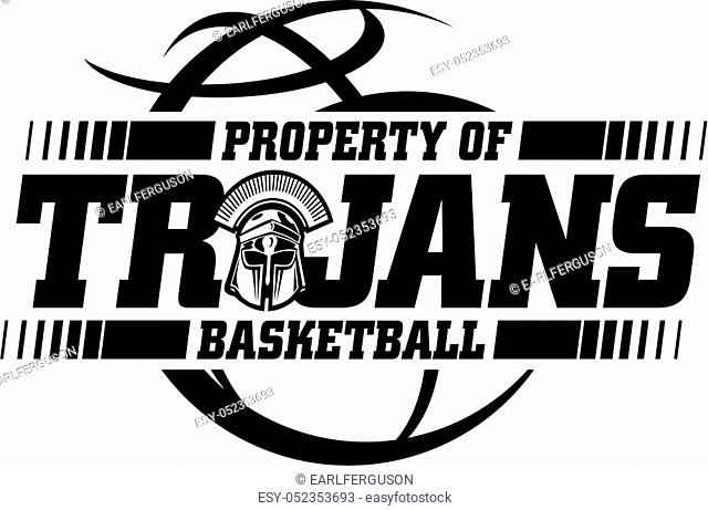 trojans basketball team design with ball and mascot helmet for school, college or league