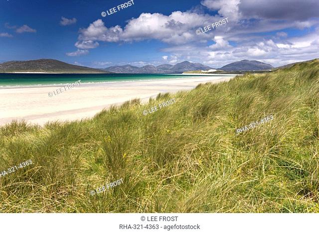 Looking across the machair to the white sand beach of Seilebost at low tide and the hills of Taransay and North Harris, from Seilebost, Isle of Harris