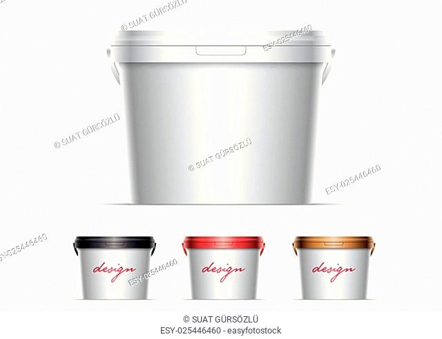 Vector plastic bucket illustration. Ideal for your mock up. Elements are layered separately in vector file. Color lids are just two global colors
