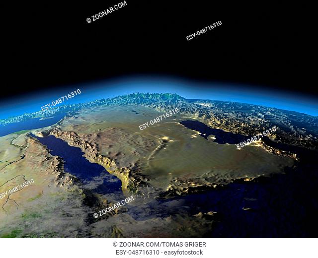 Early morning above Arab Peninsula from Earth's orbit in space. 3D illustration with detailed planet surface. Elements of this image furnished by NASA