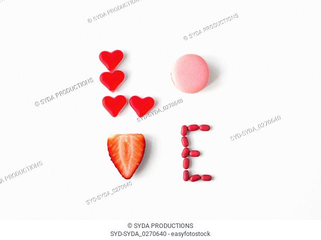 close up of word love made of sweets