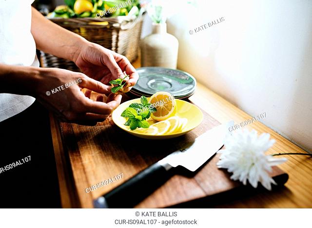 Woman preparing lemon and mint