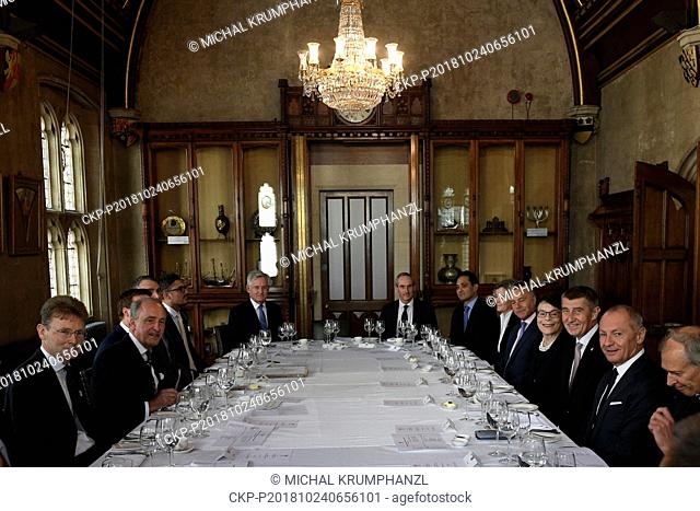 Czech Prime Minister Andrej Babis, third from right, has lunch with London City Mayor Charles Bowman, second from left, in Guildhall, London