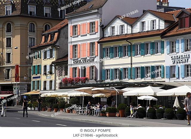 Sidewalk cafes at promenade, Ouchy, Lausanne, Canton of Vaud, Switzerland