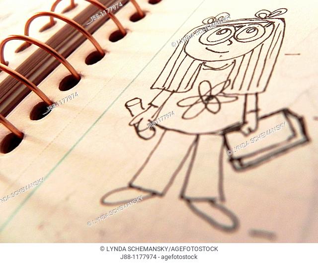 Sketchbook page with cartoon drawing young girl holding a school textboox and a test tube