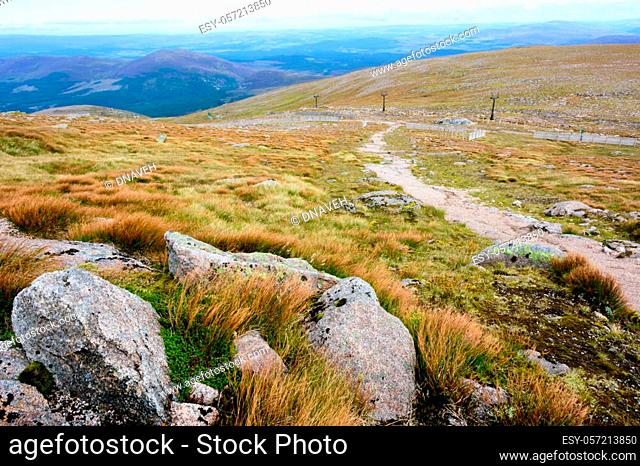 Summer views from the Cairn Gorm Mountain summit in the Cairngorm National Park, Scotland
