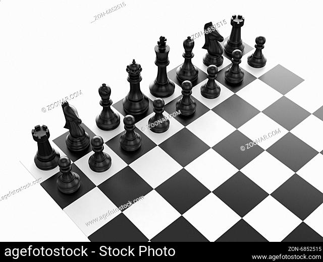 Chess board with starting positions aligned chess pieces, isolated on white background