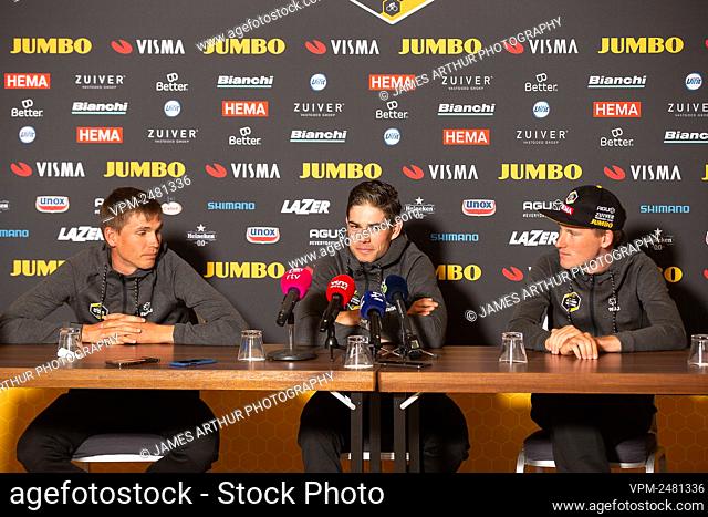 Norwegian Amund Grondahl Jansen, Belgian Wout Van Aert and Dutch Mike Teunissen of Team Jumbo-Visma pictured at press conference of Jumbo-Vista cycling team in...