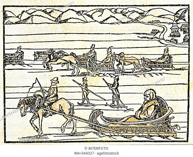 Rußland, Geografie, Titelblatt, Titel, Sigismund zu Herberstein (1486 - 1566), 'Reise zu den Moskowitern', Reisebericht, Reiseberichte, Schlitten