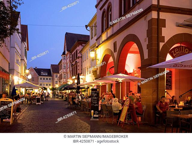 Restaurants, historic centre, evening, Karlstadt, Lower Franconia, Franconia, Bavaria, Germany