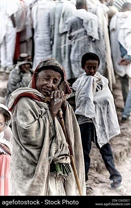 ETHIOPIA, LALIBELA-CIRCA JANUARY 2018--unidentified people in crowd of the genna celebration